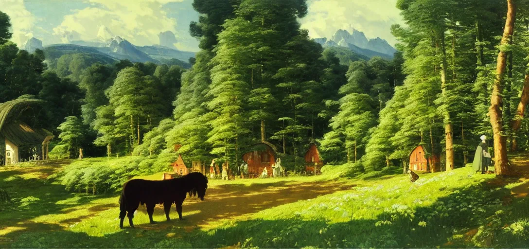 Image similar to ghibli illustrated background of strikingly beautiful swedish farm, the feales and forests in the background by vasily polenov, eugene von guerard, ivan shishkin, albert edelfelt, john singer sargent, albert bierstadt 4 k