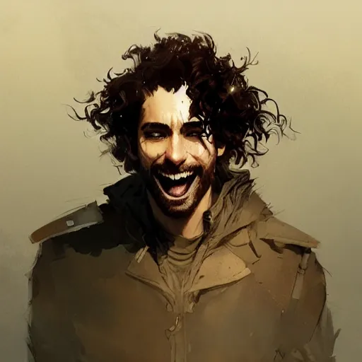 Image similar to a young man with curly brown hair, a light beard, smiling, dramatic lighting, illustration by greg rutkowski, yoji shinkawa, 4 k, digital art, concept art, trending on artstation