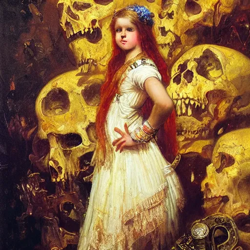 Prompt: full length portrait of a victorious young girl covered in blood in a golden light standing over a moutain of skulls, black background, highly detailed painting by gaston bussiere and j. c. leyendecker 8 k