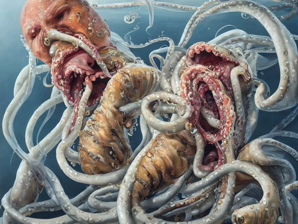 Prompt: a perfect hyperrealist painting of a man engulfed in squid, tentacles down his throat, in his mouth, coming out his eyes. fine art, gallery lighting, solemn, and exquisite