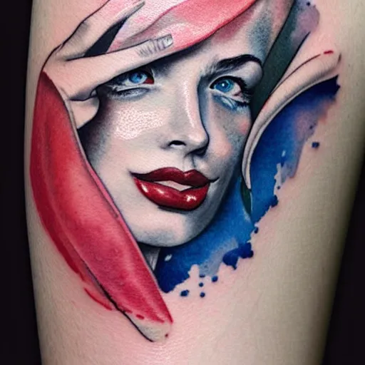 Prompt: tattoo of a woman's face turning into an ice cream cone watercolor, white, red, blue and black ink strokes detailed, hyperrealistic trending on artstation