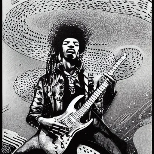 Image similar to Jimi Hendrix sitting on the rings of Saturn playing his electric guitar by Moebius