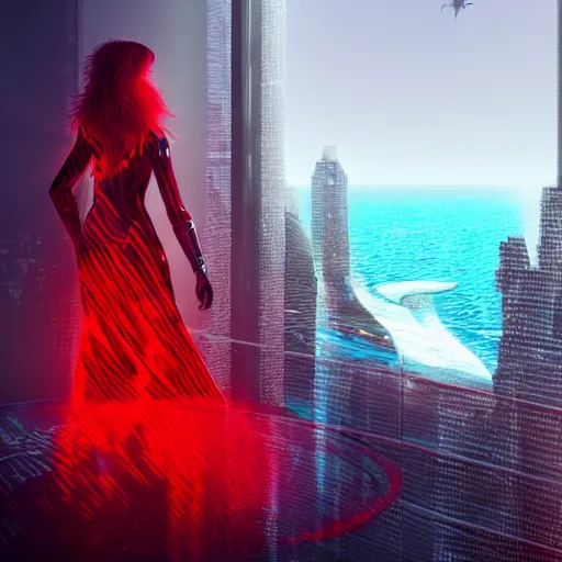 Image similar to cyberpunk girl wearing a red swirling dress, standing on an Imerovigli terrace looking down into the ocean, trending on artstation, cinematic lighting