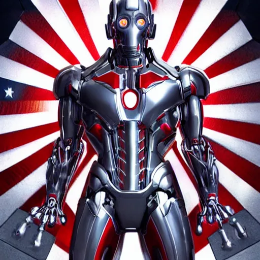 Prompt: ultron as the president of the united states, macro, vibrant, 30mm photography, realistic artstyle, wide shot, dramatic lighting, octane render, hyperrealistic, high quality, highly detailed, artstation, HD, beautiful, cinematic, 8k, unreal engine, facial accuracy, symmetrical