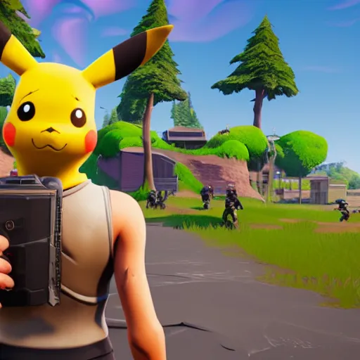 Prompt: screenshot from fortnite pikachu in fornite holding shotgun ray tracing 3 d cgsociety dramatic lighting
