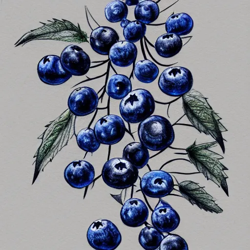 Image similar to drawing of blueberry bush. Traditional art. Rustic. Nordic. 4K. Trending on artstation. Detailed Bushy. Nature. Artistic.