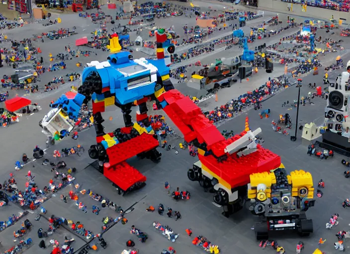 Prompt: a high-definition photograph of a huge robot built of Lego bricks and Lego motors