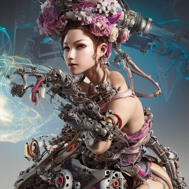 Image similar to the portrait of true neutral semi - colorful female cyborg mechanist as absurdly beautiful, gorgeous, elegant, young gravure idol, an ultrafine hyperdetailed illustration by kim jung gi, irakli nadar, intricate linework, bright colors, octopath traveler, final fantasy, unreal engine 5 highly rendered, global illumination, radiant light, detailed and intricate environment