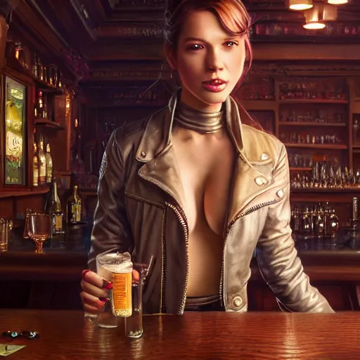 Prompt: highly detailed painting of a beautiful female wearing a skintight leather jacket in a bar, stephen bliss, 8 k, unreal engine, by greg rutkowski, loish, rhads, ferdinand knab, makoto shinkai and lois van baarle, ilya kuvshinov, rossdraws, tom bagshaw, global illumination, radiant light, detailed and intricate environment