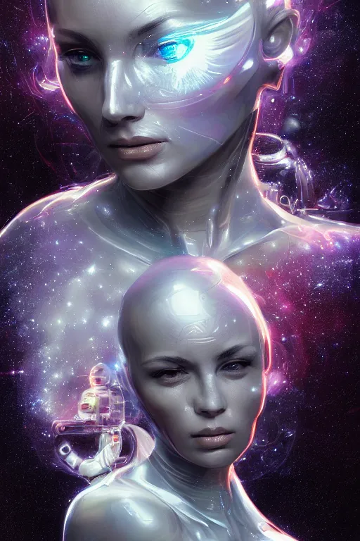 Prompt: portrait of a space cyborg, 3d, glass, diffuse lighting, third person, lasers, cosmic background, fantasy, intricate, elegant, highly detailed, lifelike, photorealistic, digital painting, artstation, illustration, concept art, sharp focus, art by adam hughes