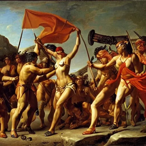 Image similar to muscular warrior women, amazonian warrior women, women fighting men, muscular men, roman warrior men, clashing in bloody field, art by jacques - louis david