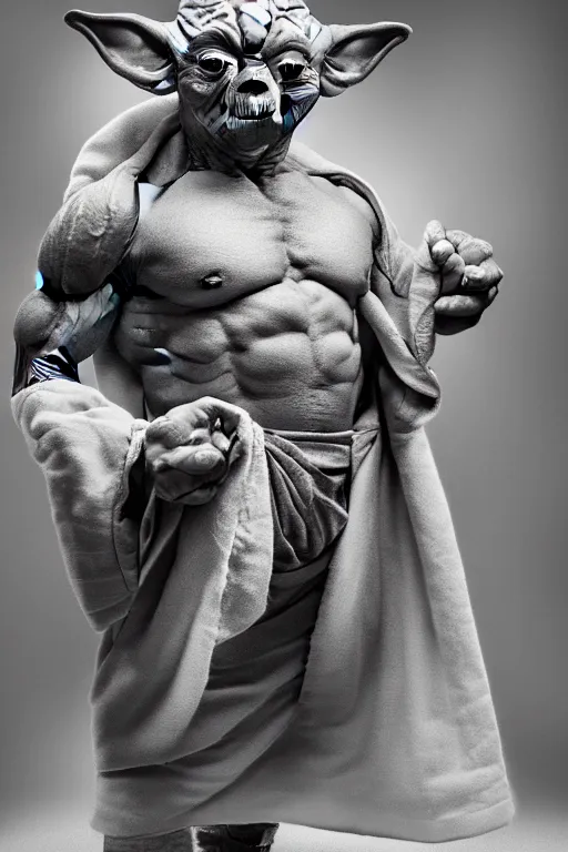 Prompt: Master Yoda is a jacked muscle builder gigachad, grayscale photography