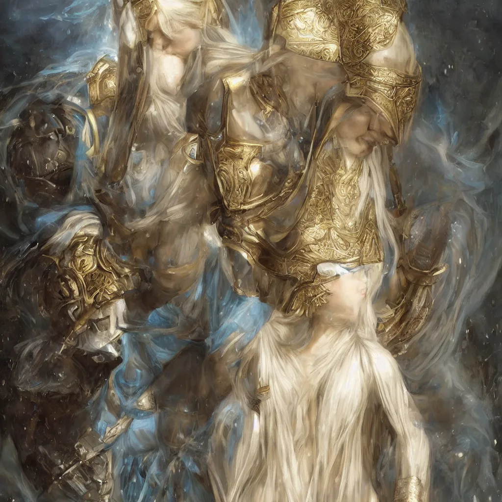 Prompt: a demoniac armored beautiful pale platinum - blonde young woman with light blue eyes, soft gaze, a golden round halo around her head, wearing a fine decorated silver breastplate, painted by john william waterhouse : : 0. 5, epic fantasy, masterpiece, portrait, fine art, digital art, detailed, ultra - hd, cinematic, volumetric, intricate
