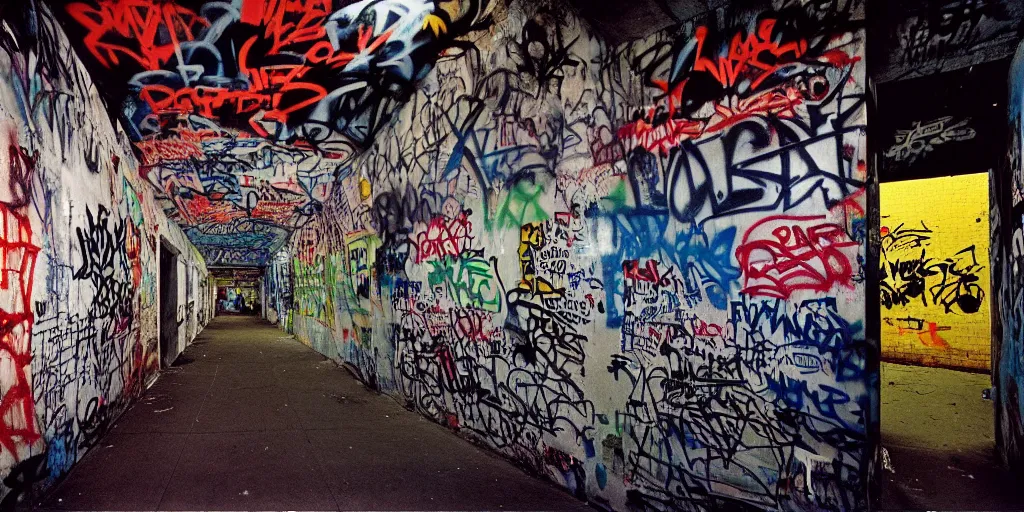Prompt: new york underground passage at night, city lights, graffiti by cope 2 on the wall, coloured film photography, christopher morris photography, bruce davidson photography