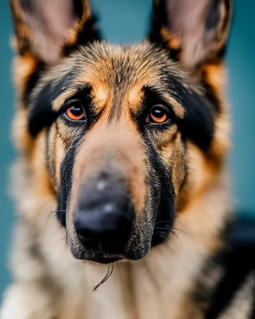 Prompt: A studio portrait of a German Shepherd dog, bokeh, 90mm, f/1.4