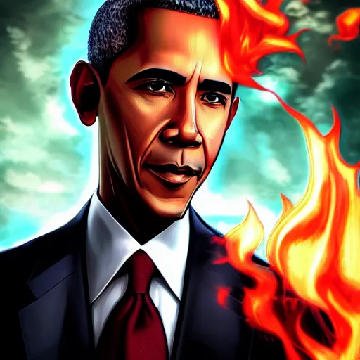 Prompt: portrait of obama the president king of flames aura mode, anime fantasy illustration by tomoyuki yamasaki, kyoto studio, madhouse, ufotable, square enix, cinematic lighting, trending on artstation