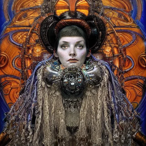 Image similar to baroque portrait of an art deco machine shaman, reflective detailed textures, highly detailed fantasy science fiction painting by annie swynnerton and jean delville and moebius, norman rockwell and william holman hunt. modern industrial shaman, rich colors, high contrast. artstation