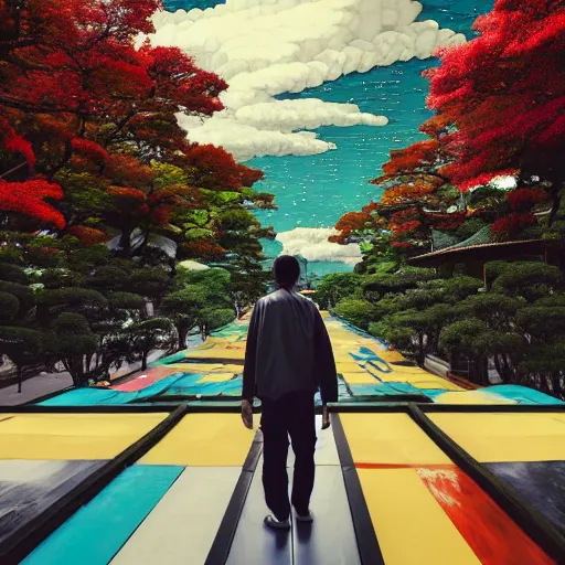 Image similar to a man walking on clouds away from the camera above kyoto by takashi murakami, beeple and james jean, aya takano color style, 4 k, super detailed, modern, 4 k, symmetrical