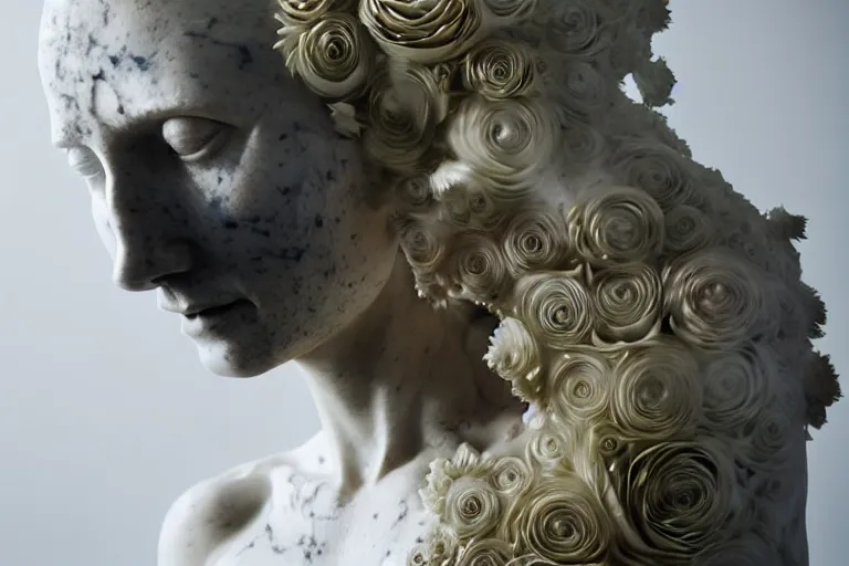 Image similar to the long shot of sculpture of a beautiful woman with flowing tears, fractal flowers on the skin, intricate, a marble sculpture by nicola samori, behance, neo - expressionism, marble sculpture, made of mist, still frame from the prometheus movie by ridley scott with cinematogrophy of christopher doyle, arri alexa, anamorphic bokeh, 8 k