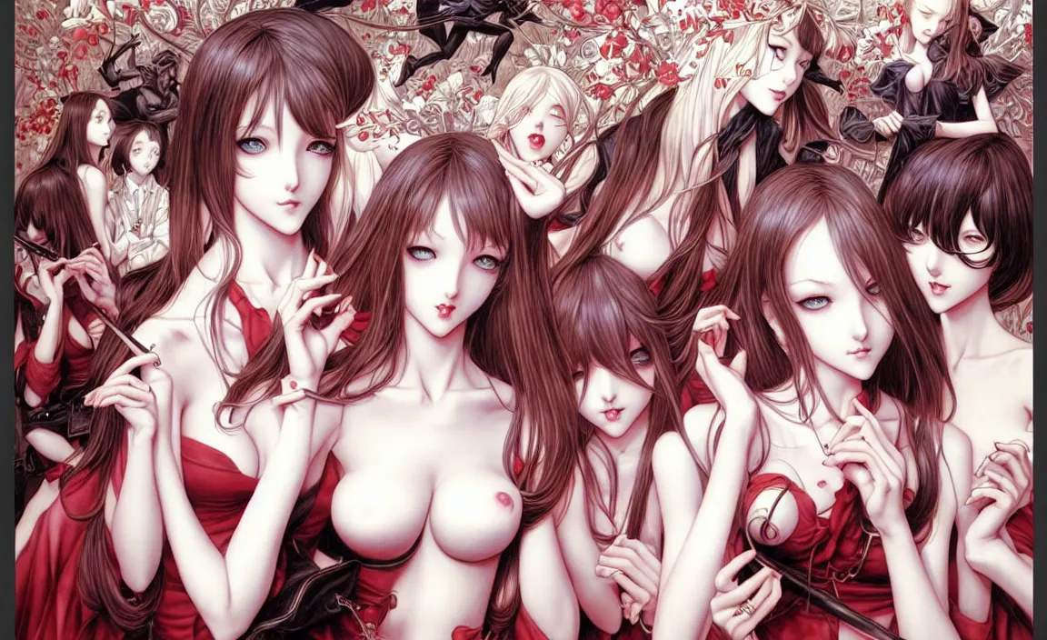 Image similar to beautiful French girls in a café with Satan. insanely and epically detailed supreme-quality color ink pen artwork, amazingly composed image, illustrated by Range Murata and Artgerm and Stanley Law.