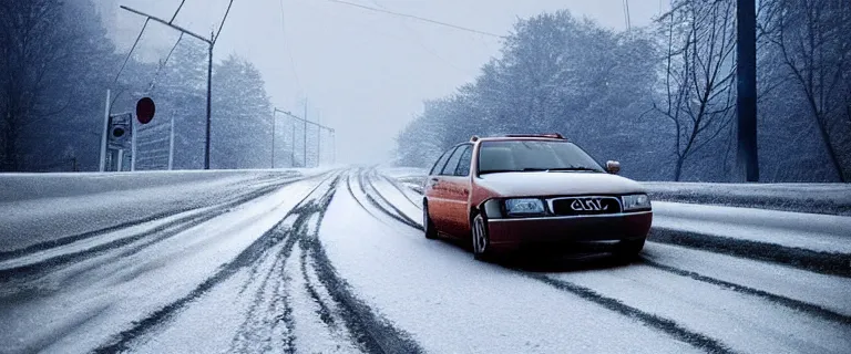 Image similar to Audi A4 B6 Avant (2002), a gritty neo-noir, dramatic bright lighting, cinematic, establishing shot, extremely high detail, photorealistic, cinematic lighting, artstation, by simon stalenhag, Snowy italian road, Snowy Apennines, At night, Poets of the Fall - Late Goodbye