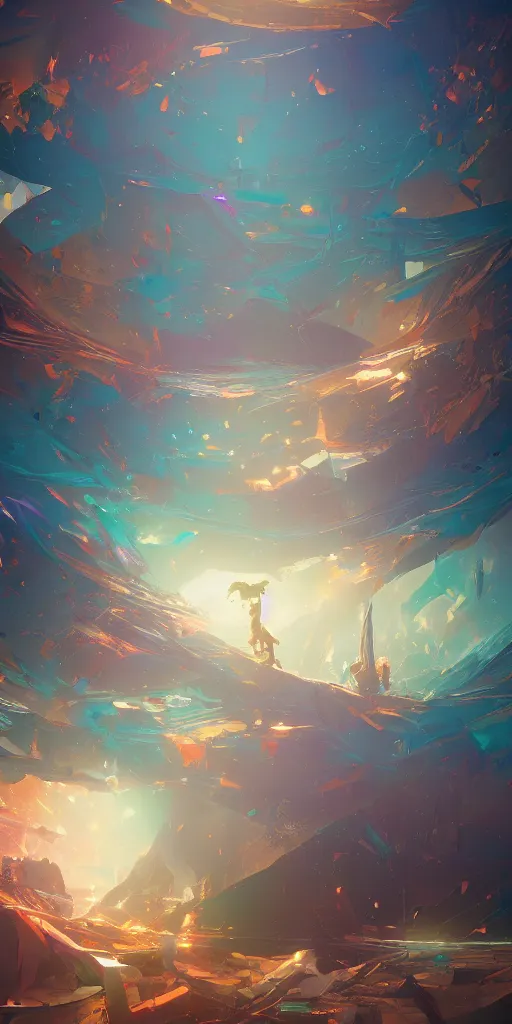 Image similar to highly detailed happy abstract geometric painting, stephen bliss, unreal engine, greg rutkowski, loish, rhads, beeple, makoto shinkai and lois van baarle, ilya kuvshinov, rossdraws, tom bagshaw, global illumination, detailed and intricate environment