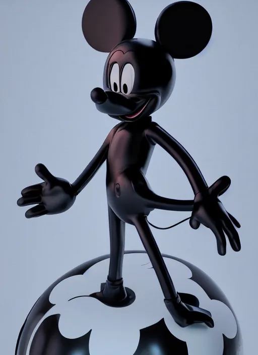 Image similar to stylized shiny latex rubber leather statue full body cosmic eldritch horror made of marble of disney character mickey mouse, perfect symmetrical body, perfect symmetrical face, hyper realistic, hyper detailed, by johannen voss, by michelangelo, octane render, blender, 8 k, displayed in pure white studio room