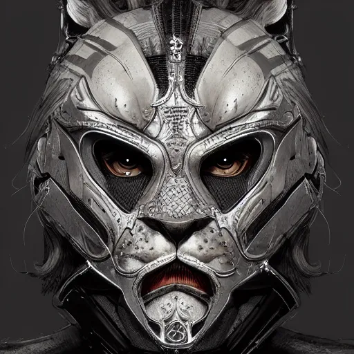 Prompt: Very very very very highly detailed epic zoom out photo of full face with lion venetian mask, intricate, dystopian, sci-fi, extremely detailed, digital painting, artstation, concept art, smooth, sharp focus, illustration, intimidating lighting, incredible art by Artgerm and Vincent di Fate and WLOP