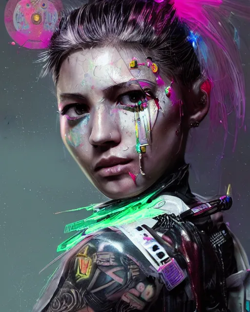 Image similar to detailed portrait Young Gangster Girl cyberpunk futuristic ((neon)) tattoes, styled hair Reflective gauzy fine-spun film jacket, decorated traditional ornaments by ismail inceoglu dragan bibin hans thoma greg rutkowski Alexandros Pyromallis Nekro Zac Retz illustrated Perfect face, fine details, realistic shaded, fine-face, pretty face