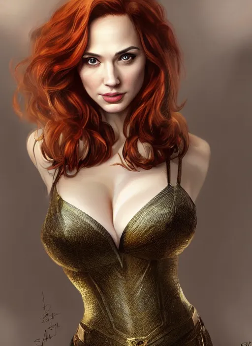 Image similar to photo of a gorgeous christina hendricks / gal gadot hybrid in the style of stefan kostic, realistic, professionally, professionally color graded, half body shot, sharp focus, k high definition, insanely detailed, intricate, elegant, art by stanley lau and artgerm