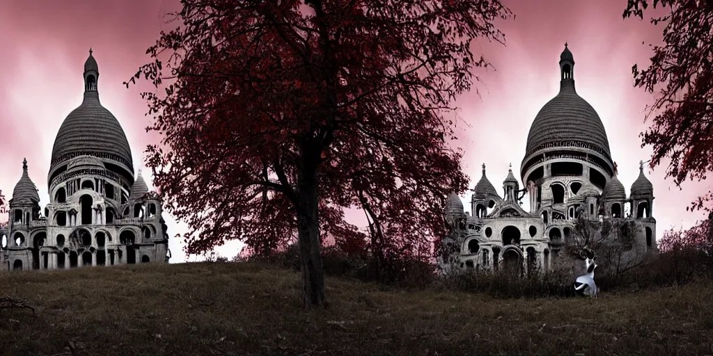 Image similar to abandoned post-apocalyptic Basilica of Sacré Coeur de Montmartre, toxic orange and pink mist rises from the ground and contrasts the white exterior, dark gray skies, stark contrasting lighting, a two-headed mutated deer-like creature looks on in the distance from the sparse twisted silhouetted foliage, a highly detailed colorful matte painting by Zdzislaw Beksinski and Mikko Lagerstedt, featured on Artstation, Unreal Render, 8k HDR