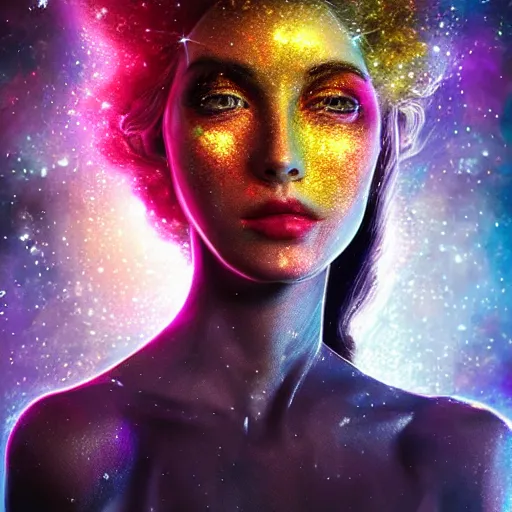 Image similar to woman portrait made out of galaxies floating in space, saturn, highly detailed, beautiful, realistic, tim burton comic book art, octane render, sharp focus