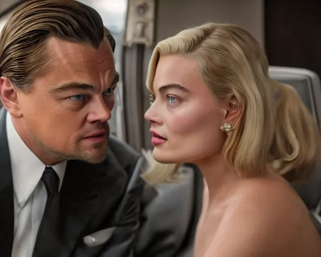 Image similar to leonardo dicaprio as the wolf of wall street next to margot robbie as naomi from the wolf of wall street sitting in a helicopter, hyper realistic faces, beautiful eyes, cinematic, long shot, hyper detailed, 8 5 mm photograph, 8 k resolution, film still, sharp lens, wide lens