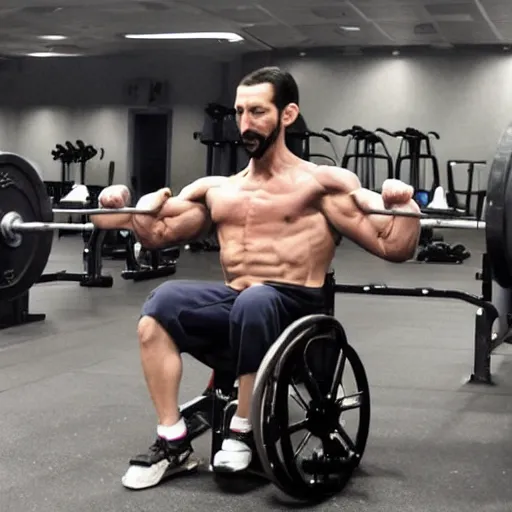 Image similar to pablo echenique robba as a bodybuilder in a gym lifting weights sitting in his wheelchair