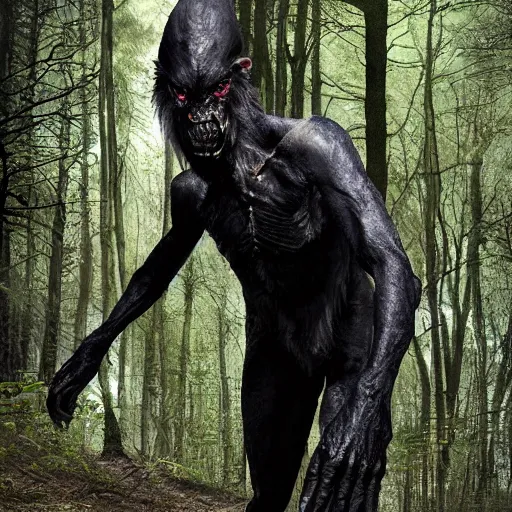 Image similar to werecreature consisting of male human and crow, photograph captured in a forest