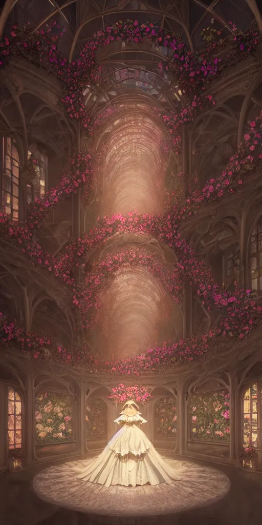 Image similar to the beautiful hyperdetailed physical rendering of a single rose wedding gothic lolita dress clothing design display in exhibition hall, perfectly shaded, atmospheric lighting, in the style of makoto shinkai raphael lacoste louis comfort tiffany stanley artgerm lau wlop rossdraws beeple, surrealistic style, 8 k hd, 3 drender