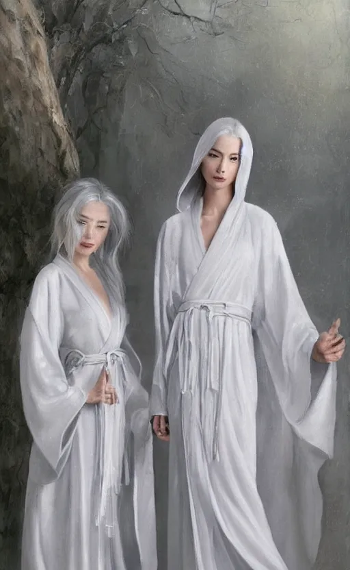 Prompt: angelic beauty with silver hair so pale and wan! and thin!?, flowing robes, covered in robes, lone pale wan asian goddess, wearing robes of silver, flowing, pale skin, young cute face, covered!!, clothed!! style of lucien levy - dhurmer and jean deville, oil on canvas, 4 k resolution, aesthetic!, mystery