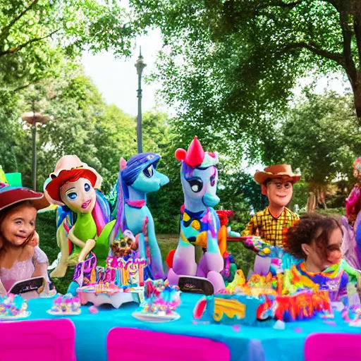 Image similar to children from Toy Story riding (my little pony) at a birthday party in the city park. balloons, cake, presents, craziness, havoc, by Pixar