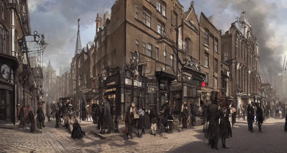 Image similar to victorian london, street scene, street level, whitechapel,hyperdetailed, artstation, cgsociety, 8k