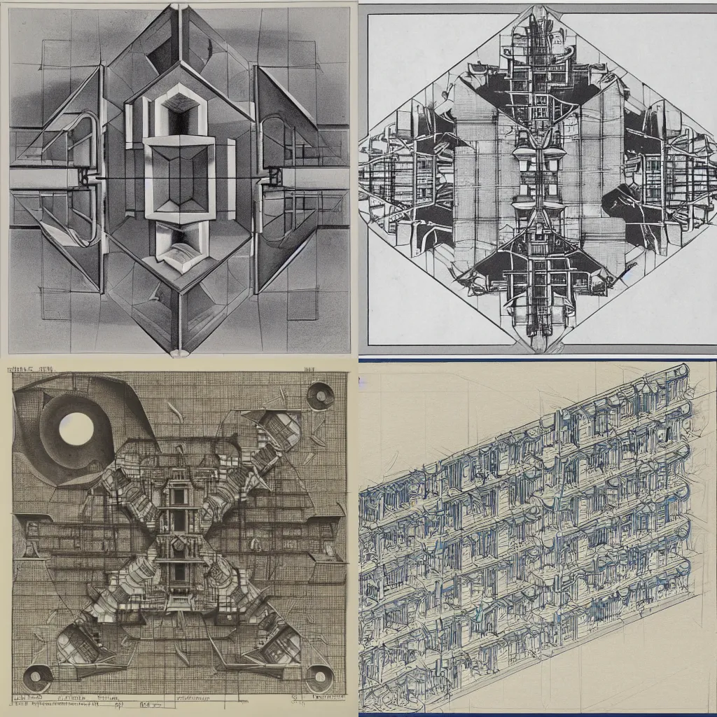 Prompt: M.C. Escher blueprint of a city on Mars