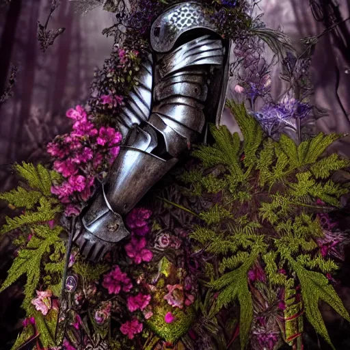 Prompt: a male knight, stern face, clear eyes, in a dark forest, shining armour made of steel and flowers, and fractal flowery hair in a fractal garden, glowing delicate flower, berries and ferns that grow in a dark fantasy forest, full frame,