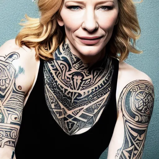 Image similar to high resolution image of cate blanchett with full body maori tattoos , highly detailed, photorealistic, 4k