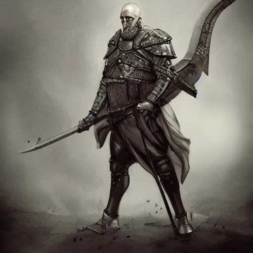 Image similar to concept art, gull body, 45 years old men, strict, militaristic, medieval heavy armor, no helmet, spear, high detail, digital art, medieval fantasy, realistic