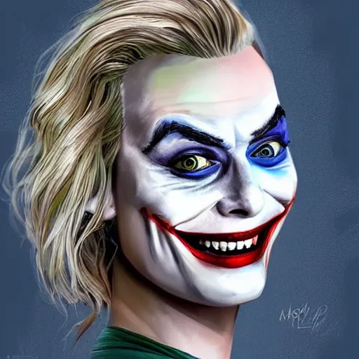 Image similar to margot robbie as the joker, highly detailed, realistic face, digital art