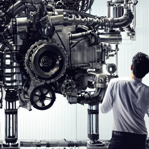 Image similar to a man with engines growing out of his back, man engine, man and machine