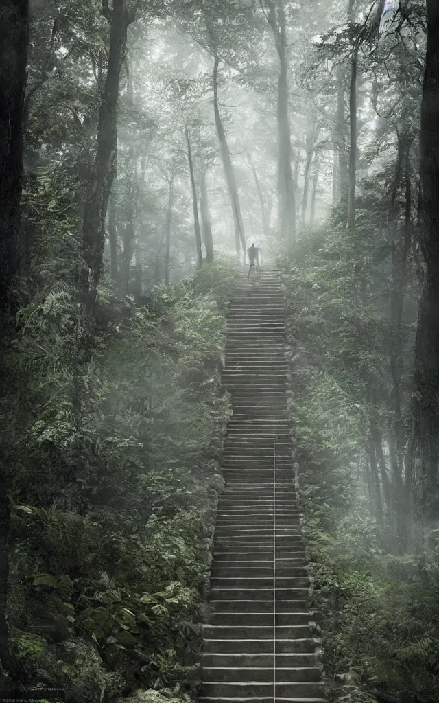 Prompt: ! a person walking up a set of stairs in the woods!, the journey of life, each stage is a step in a stairway, detailed, 4 k, octane, a detailed matte painting by huang ding, cgsociety, fantasy art, mystical, mist, warm tones