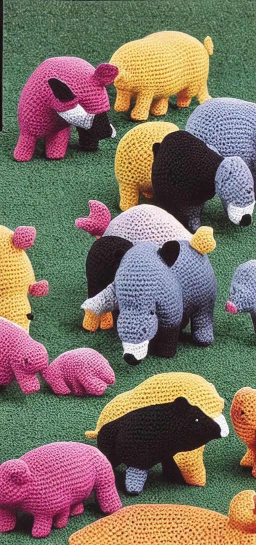 Image similar to multicolored crocheted tapirs, 1 9 8 0 s catalogue photo