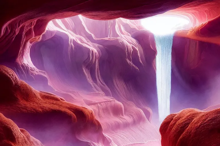 Prompt: Celestial majestic luxurios futuristic other worldly realm with Singaporean royal gold lush volcano, intense volcanic eruption, set on chic Antelope Canyon with white thermal waters flowing down pink travertine terraces, relaxing, ethereal and dreamy, thunderstorms and multiversal tornado, visually stunning, from Star Trek 2021, illustration, by WLOP and Ruan Jia and Mandy Jurgens and William-Adolphe Bouguereau, Artgerm