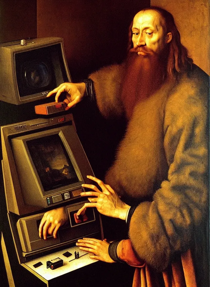 Prompt: Portrait of a man playing ATARI game on a CRT television. Painting by Albrecht Dürer. Intricate details. hyper realism. Masterpiece.