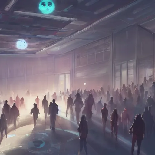 Prompt: hall in cyber space concept, a lot of people siting on tables, large screen, artstation, halloween